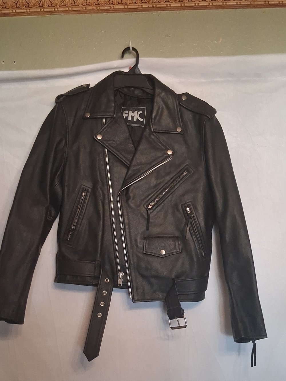 FMC Men's Black Leather Moto Jacket Size 38